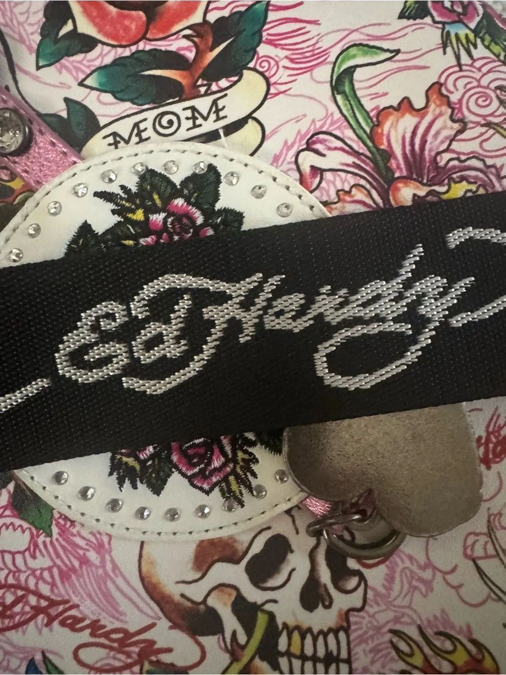 Ed Hardy White Pink Floral Skull Crossbody Bag with Black Strap (Cross Posted)
